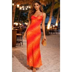 VTG Y2K Jodi Kristopher Orange Maxi Dress Sz 3/4 Cowl Neck Fairy USA Sunset Prom